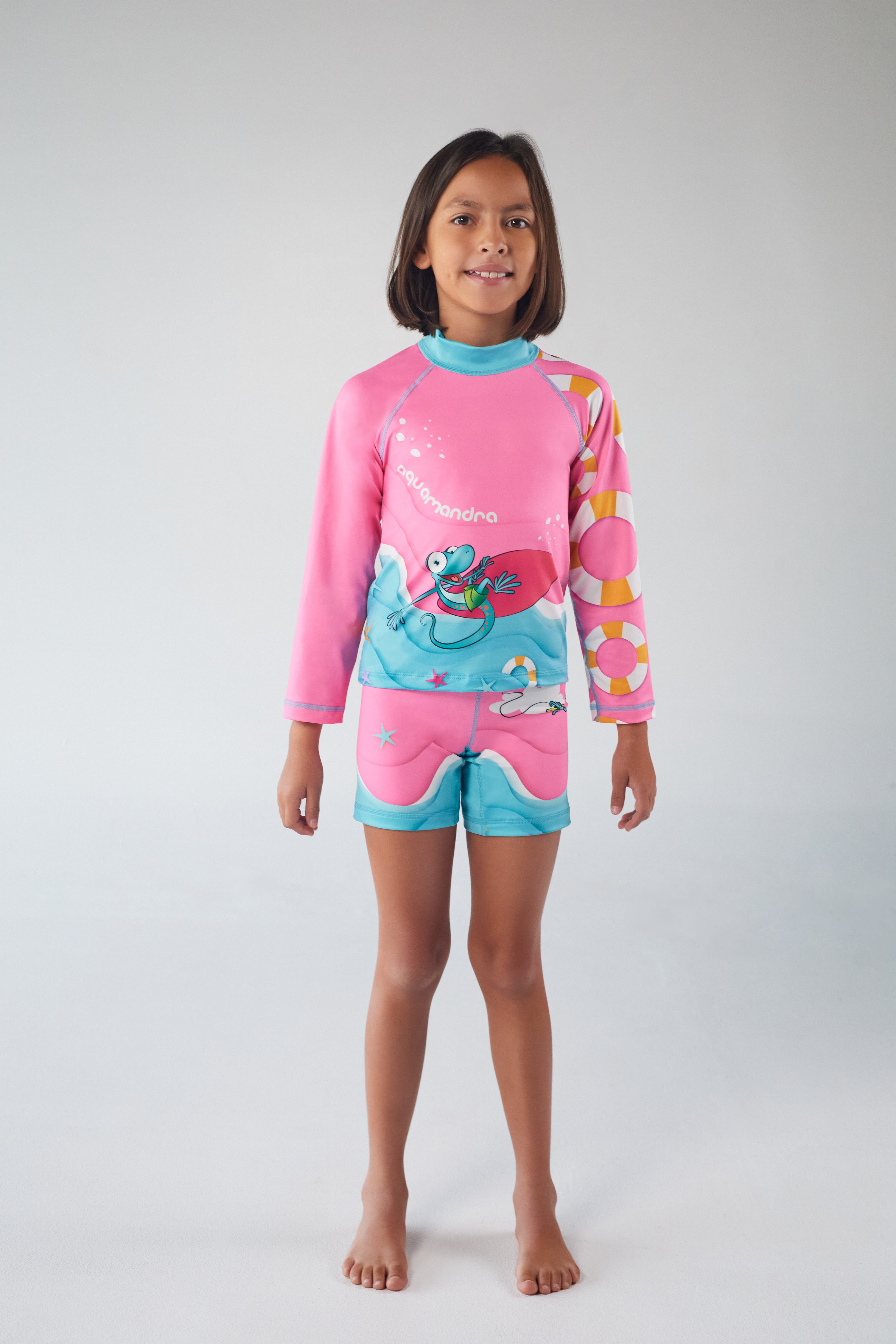 Set Rash Guard Niña Surfista – Rosado/Aguamarina