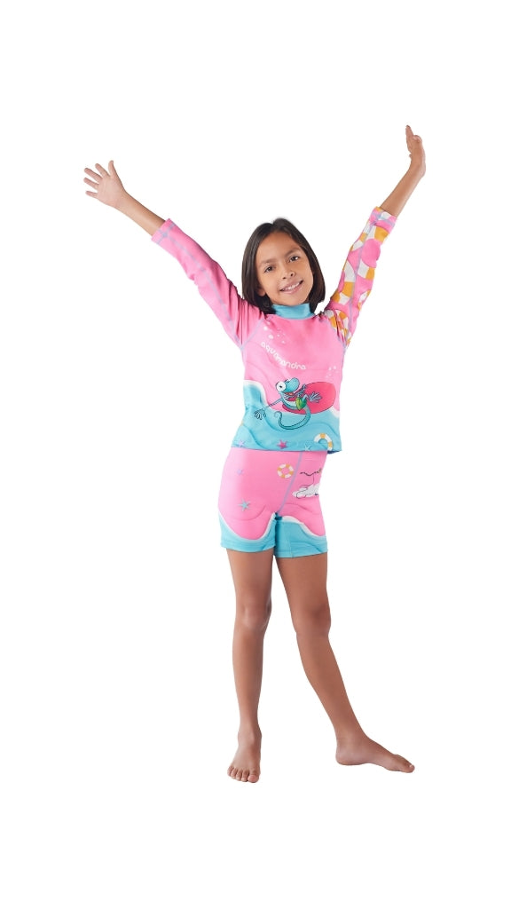 Set Rash Guard Niña Surfista – Rosado/Aguamarina