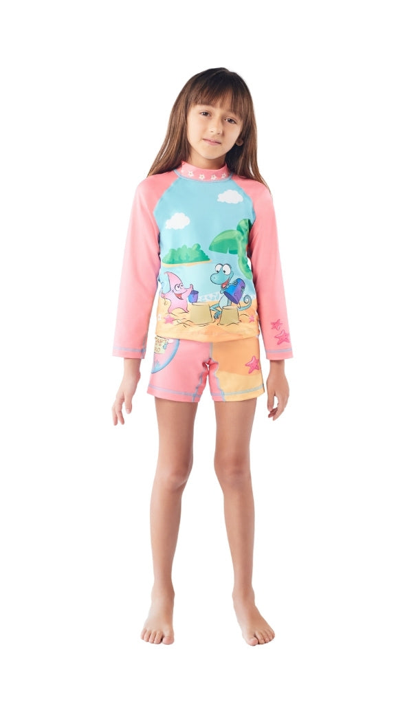 Set Rash Guard Niña Castillo de Arena – Palo de Rosa/Azul Cielo