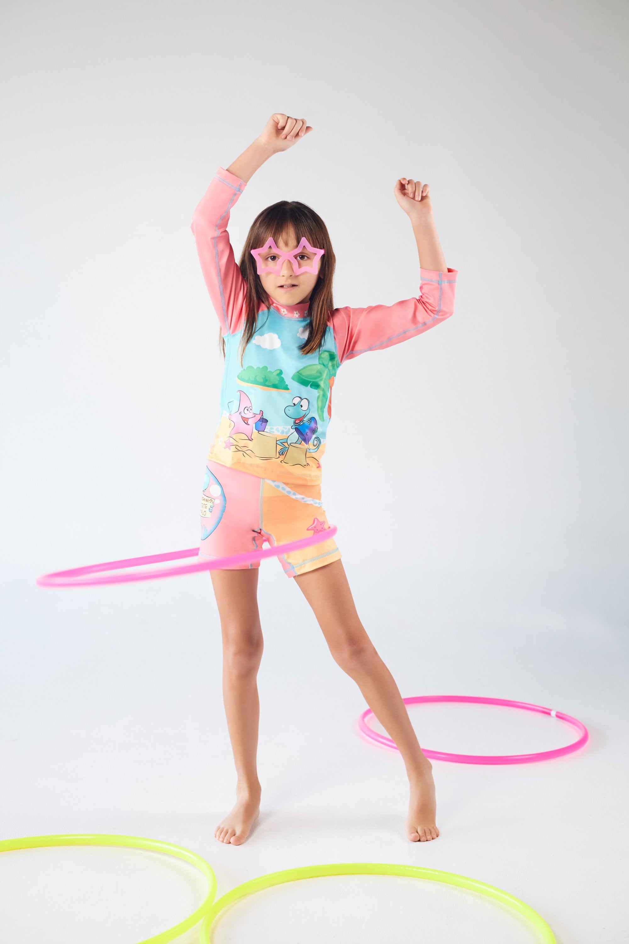 Set Rash Guard Niña Castillo de Arena – Palo de Rosa/Azul Cielo