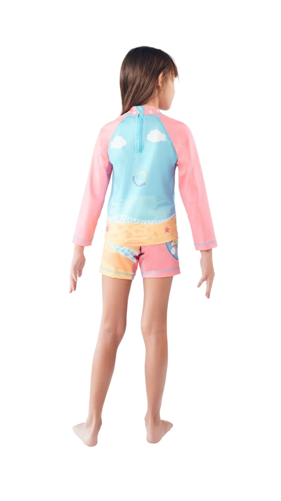 Set Rash Guard Niña Castillo de Arena – Palo de Rosa/Azul Cielo