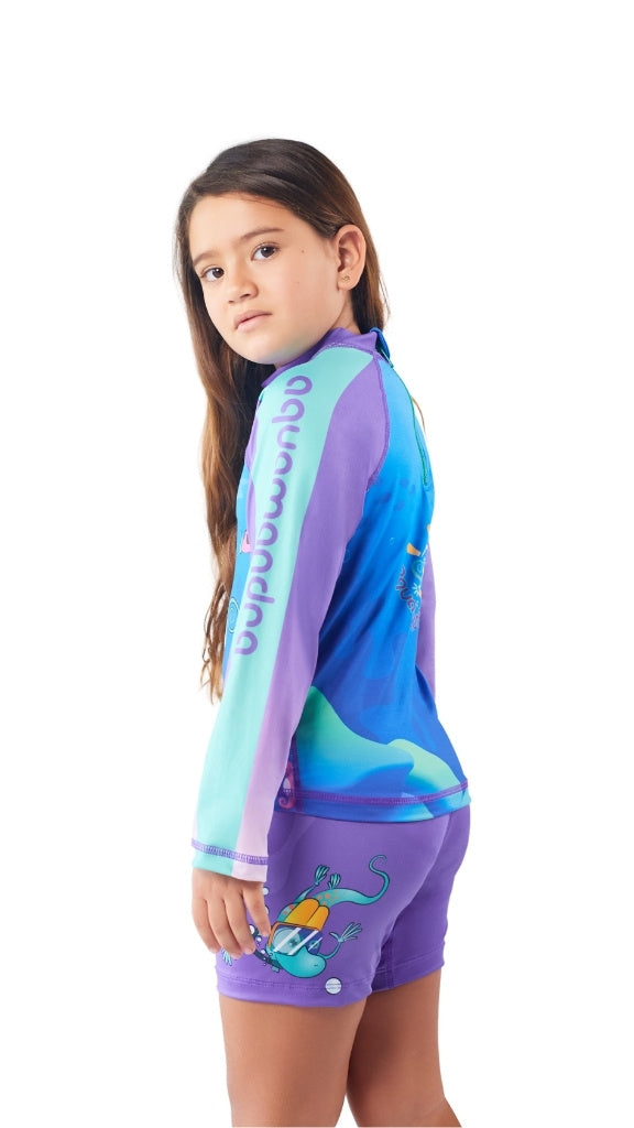 Set Rash Guard Niña Caballito de Mar – Morado/Turquesa