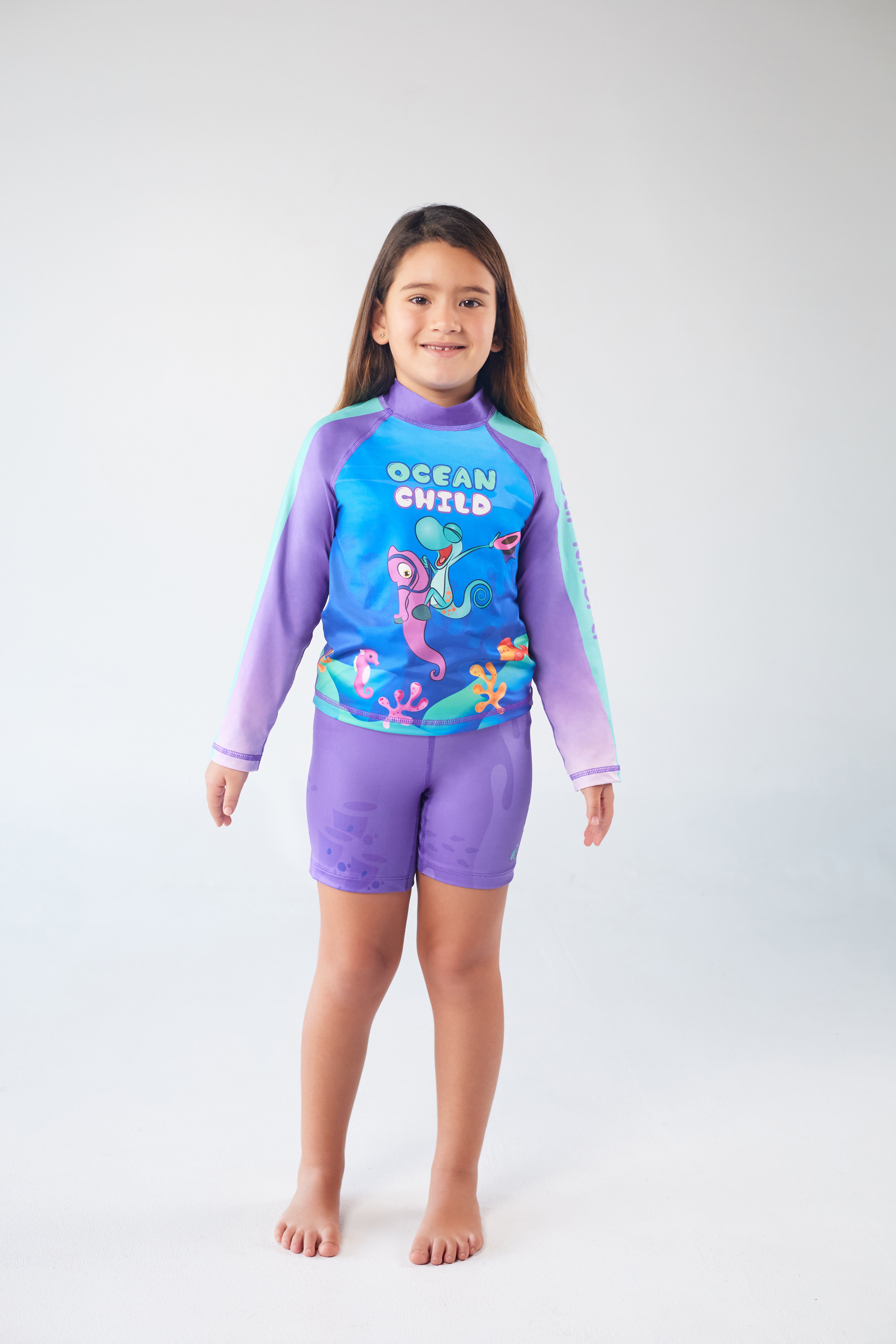 Set Rash Guard Niña Caballito de Mar – Morado/Turquesa