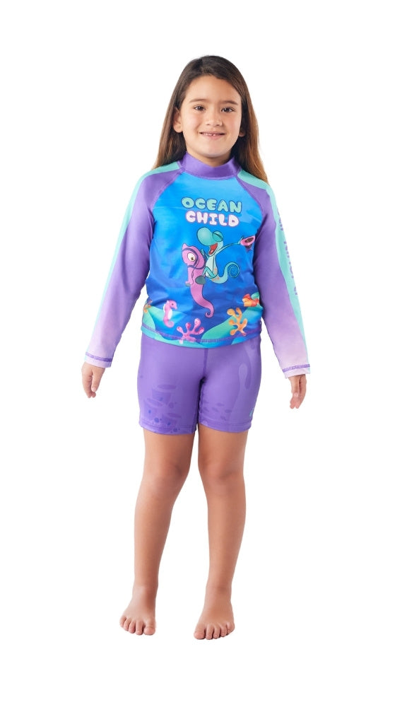 Set Rash Guard Niña Caballito de Mar – Morado/Turquesa