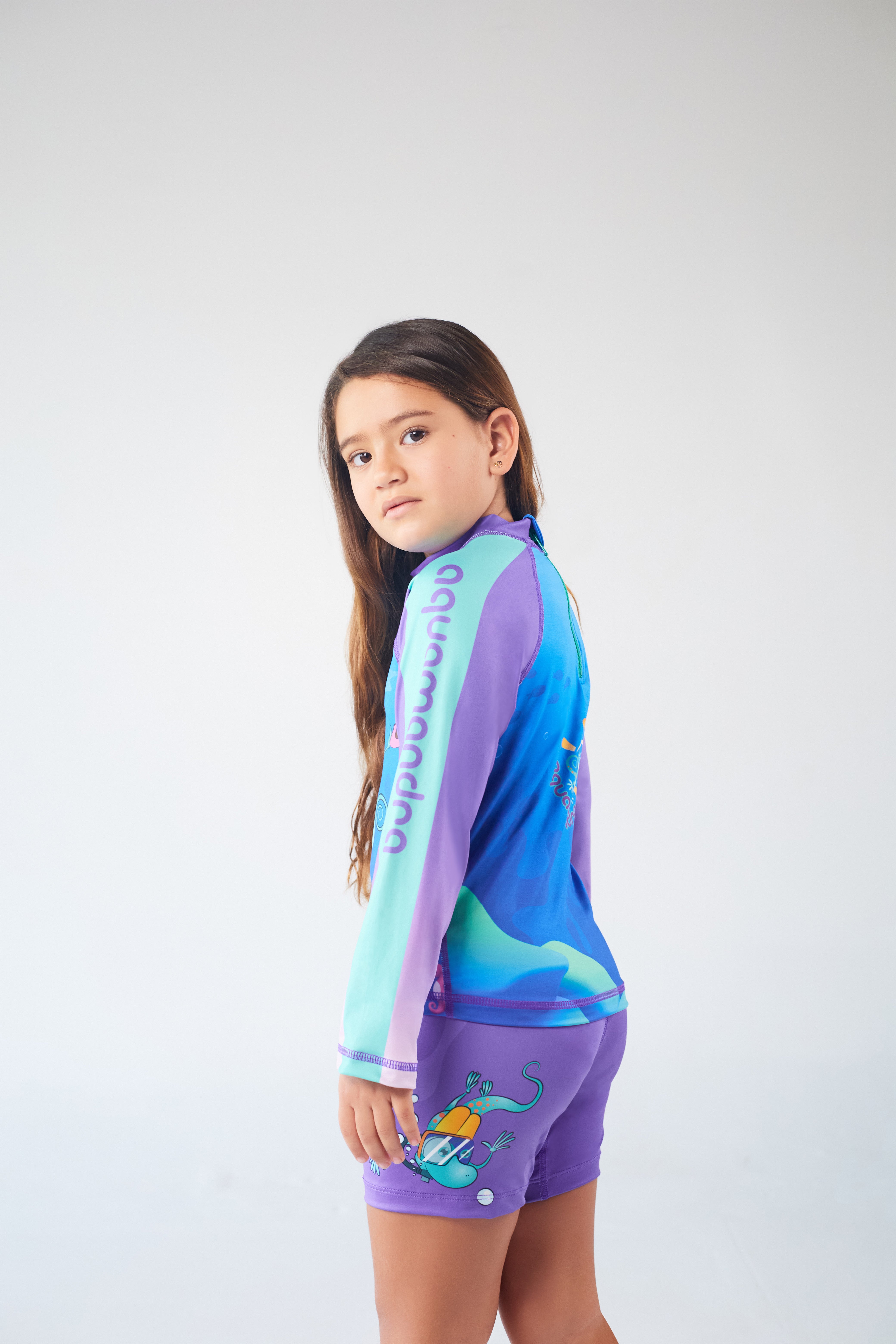 Set Rash Guard Niña Caballito de Mar – Morado/Turquesa