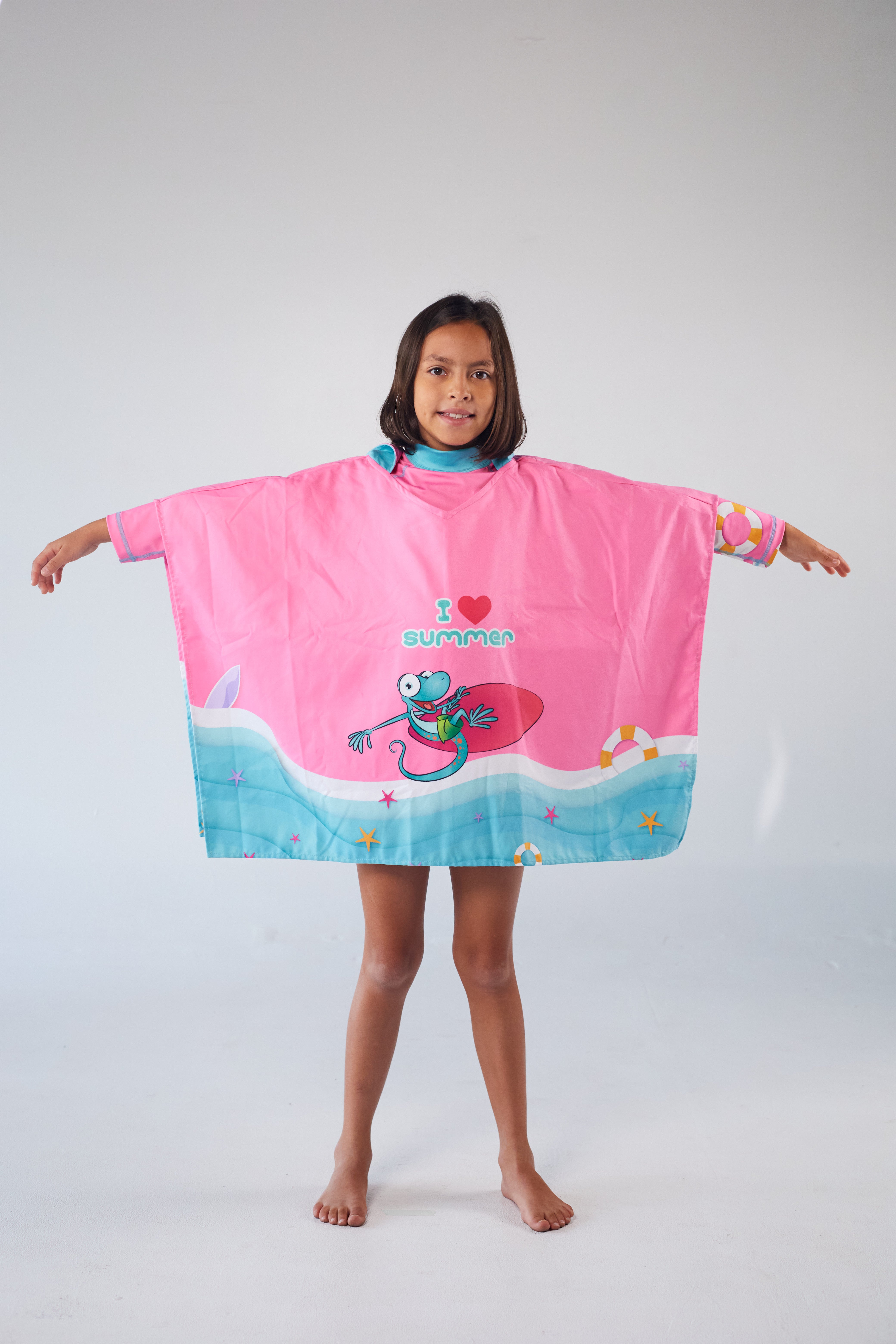 Toalla Poncho Cuadrada Niña Surfista – Rosado/Aguamarina