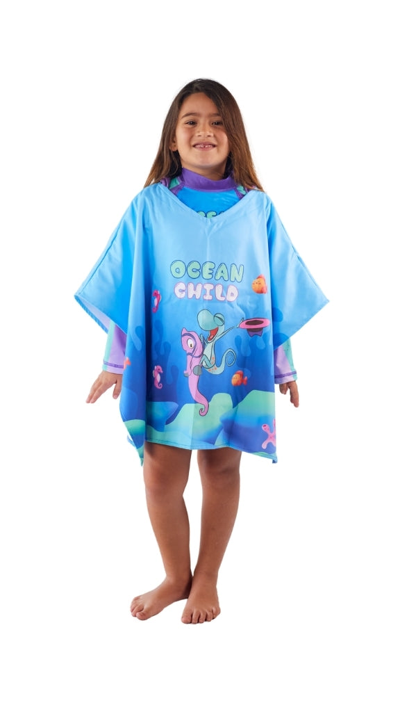 Toalla Poncho Cuadrada Niña Caballito de Mar – Morado/Turquesa