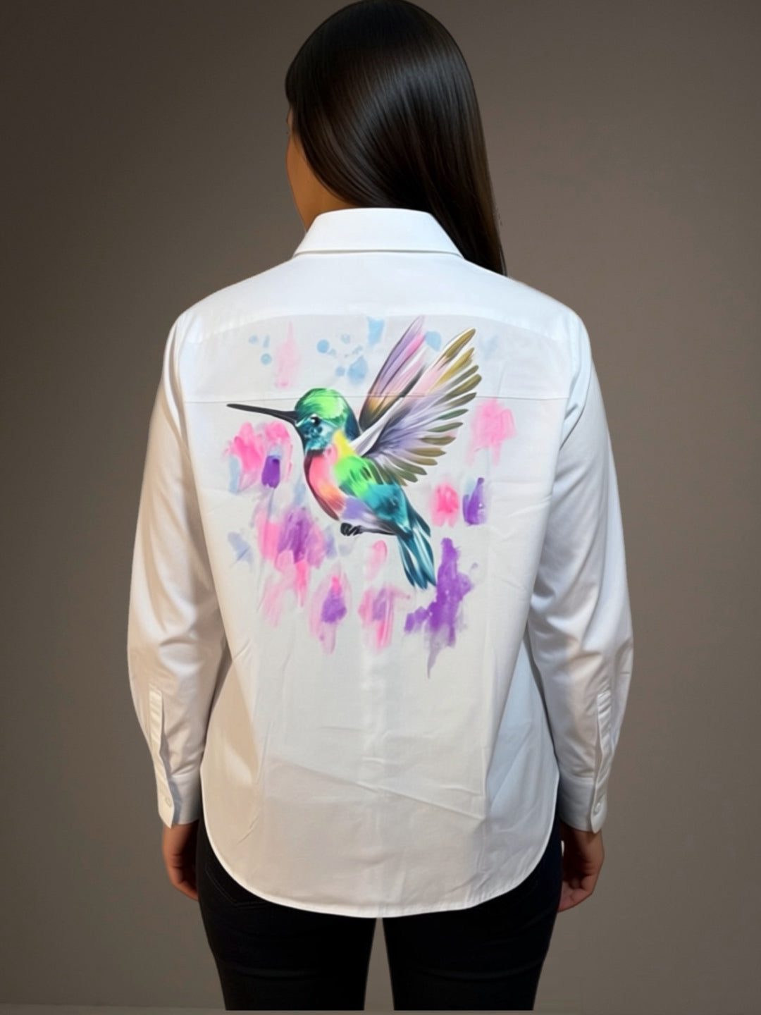 Camisa estampada a Mano - Diseños: (Colibrí, Elefante, Doble Colibrí, Palmera, Ojo, Flor, Flora, Pájaros)