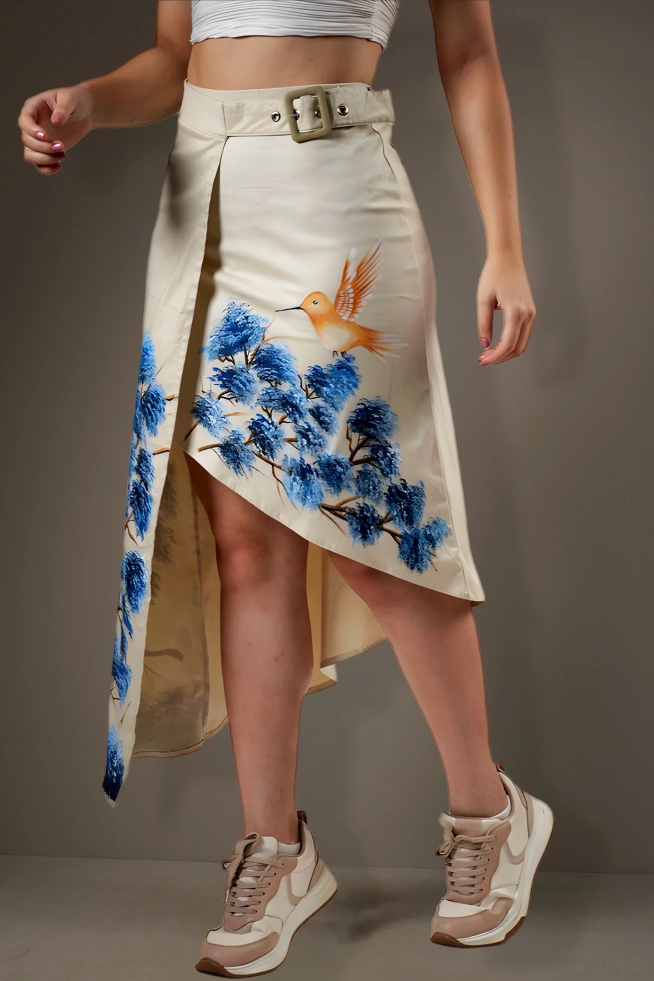 Falda Larga Irregular con diseño Blue Leaves elaborado en Drill de la marca ALISSA