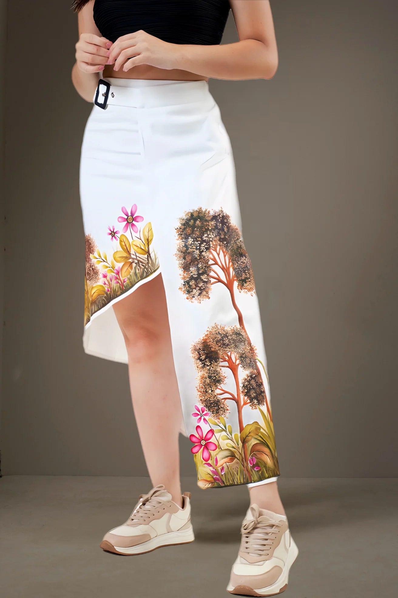 Falda Larga Irregular con diseño Trees de color Blanco elaborado en Drill de la marca ALISSA