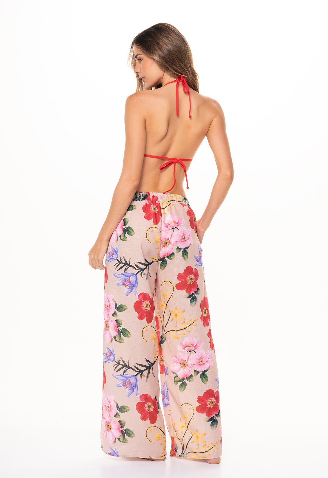 Pantalón Veleiro con diseño Resorte en pretina, con bolsillos, en tela lino de color Estampado con Flores Rojas elaborado en - de la marca GAROTAS