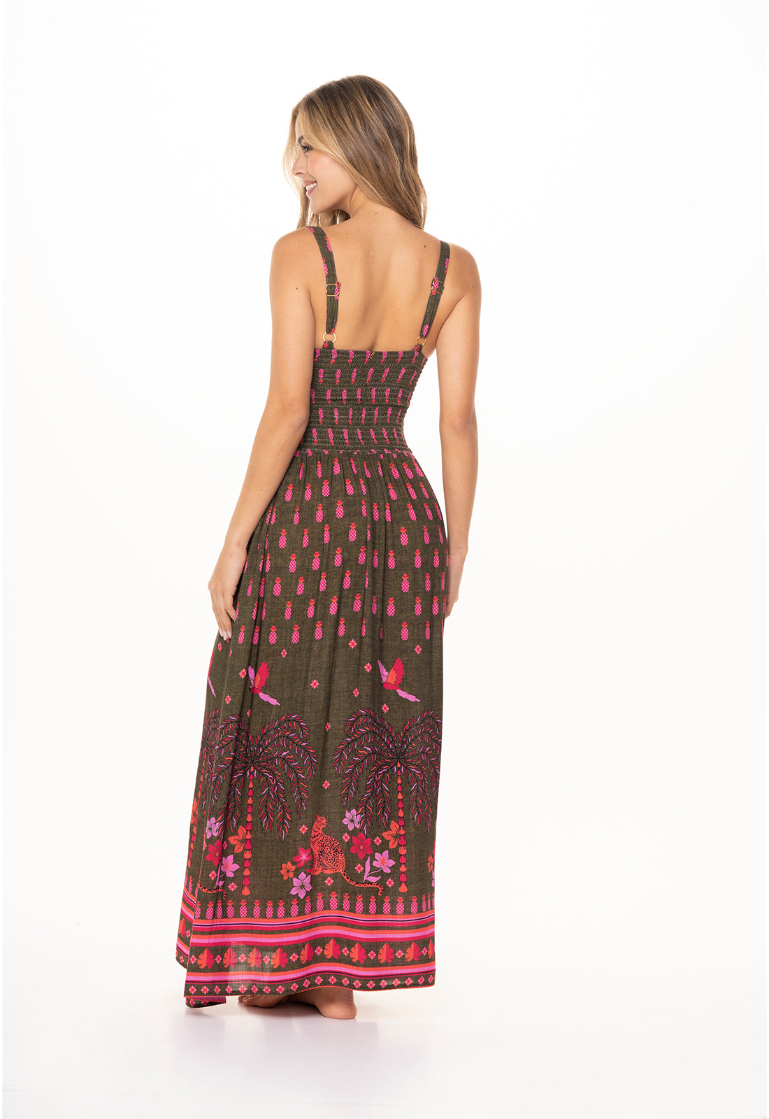 Vestido Amazonico con diseño Largo con copa cenefa y resorte, tela viscosa fresca y suave, espalda enresortada de color Café con rosado elaborado en - de la marca GAROTAS