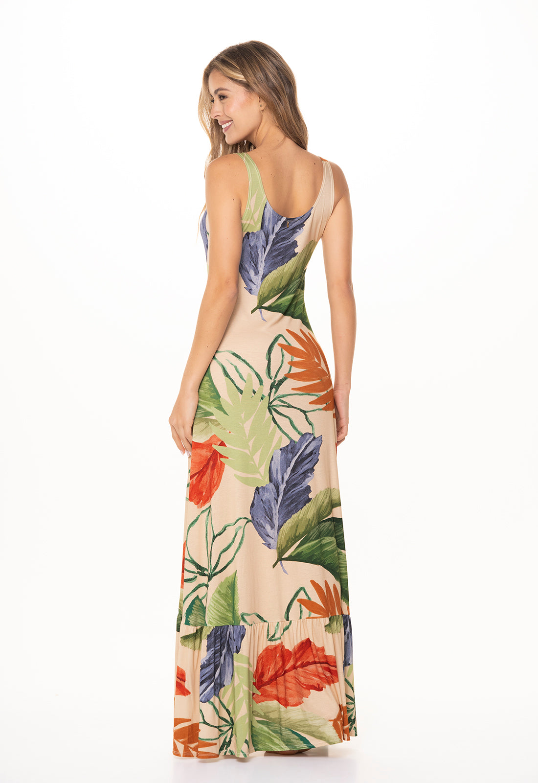 Vestido Brasil con diseño Largo, tela viscosa fresca y suave, bolero en ruedo de color Beige estampado en hojas elaborado en - de la marca GAROTAS