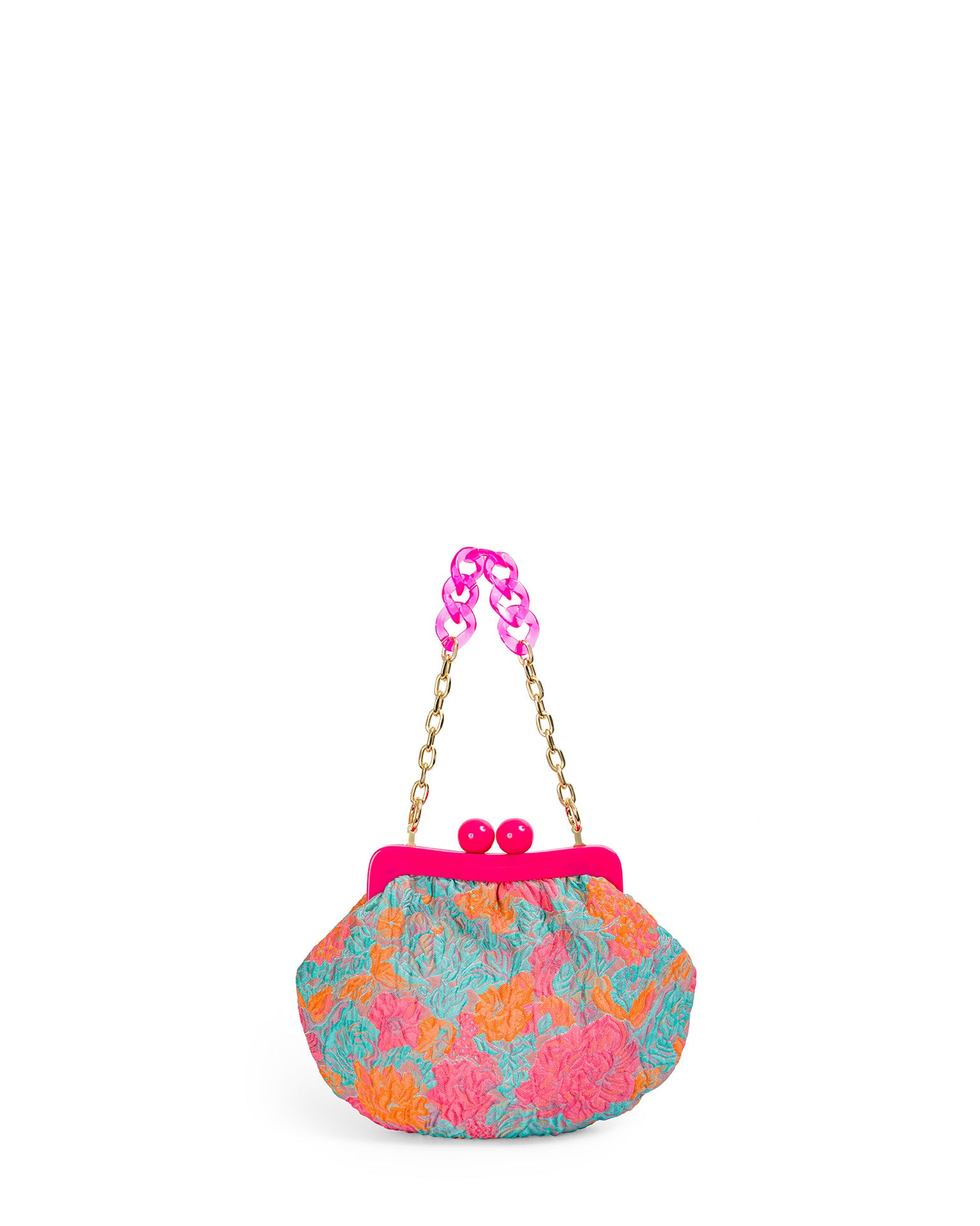 Bolso con Marco con acabado - de color Fucsia, naranja y verde agua elaborado en Textil Brocado con Seda y Acrílico de la marca LOLILU