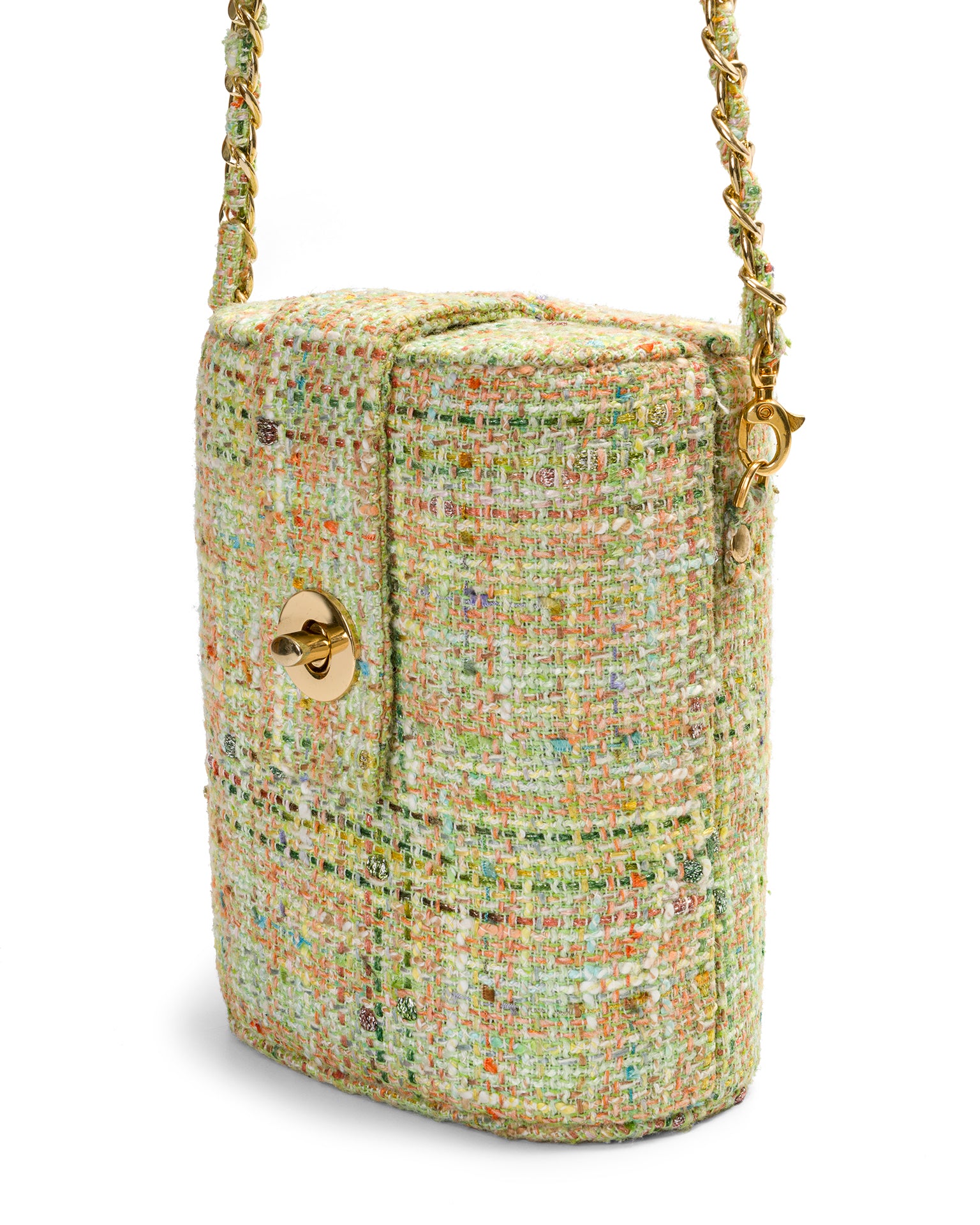 Bolso en tweed con acabado - de color Verde claro con vetas amarillas elaborado en Textil tweed y Metal de la marca LOLILU